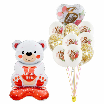 Сет из воздушных шаров 8 марта! Мишка с сердцем 11 шт